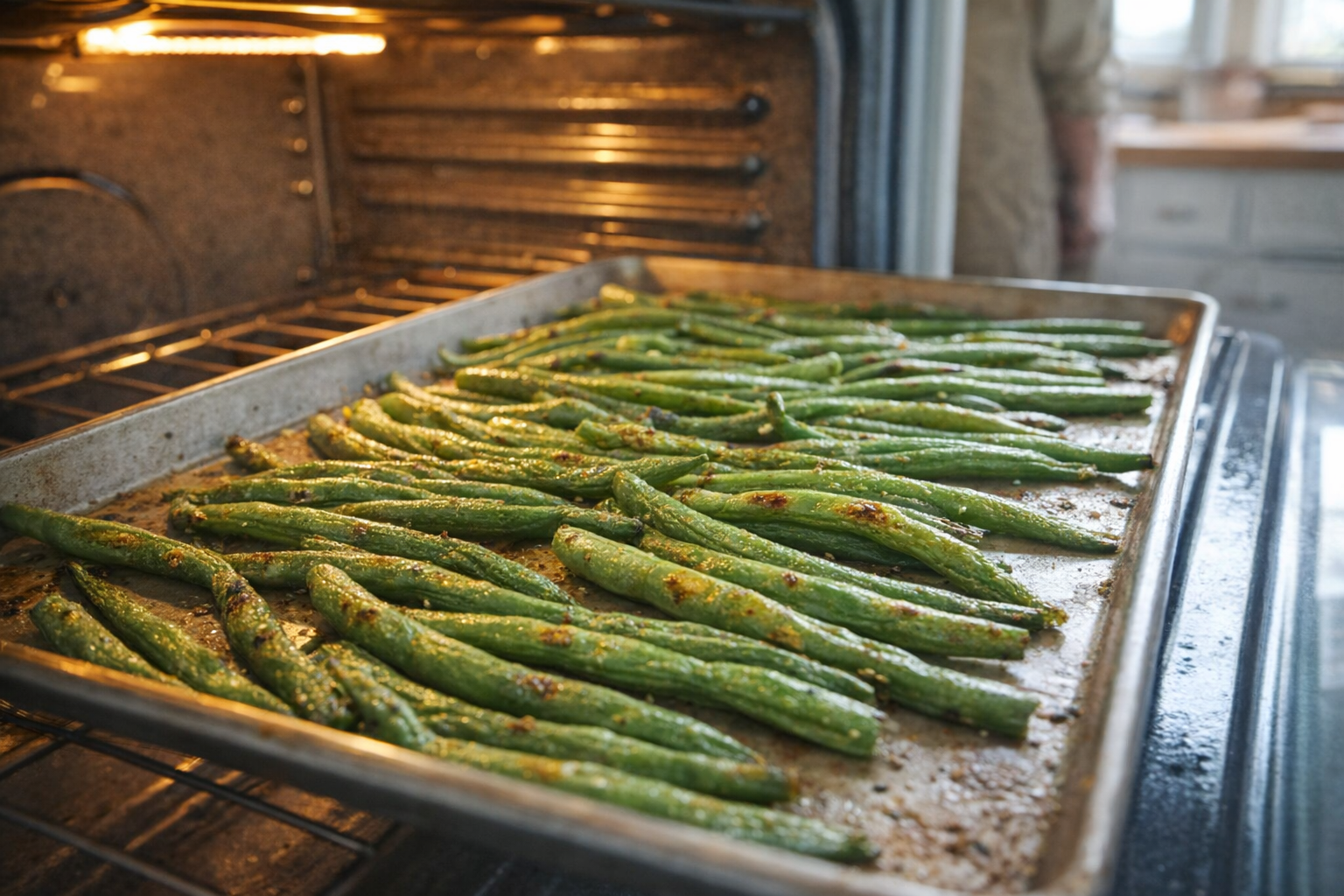 Side angle view of green beans roasting on a baking sheet inside an oven, golden brown spots on the beans, blurred background